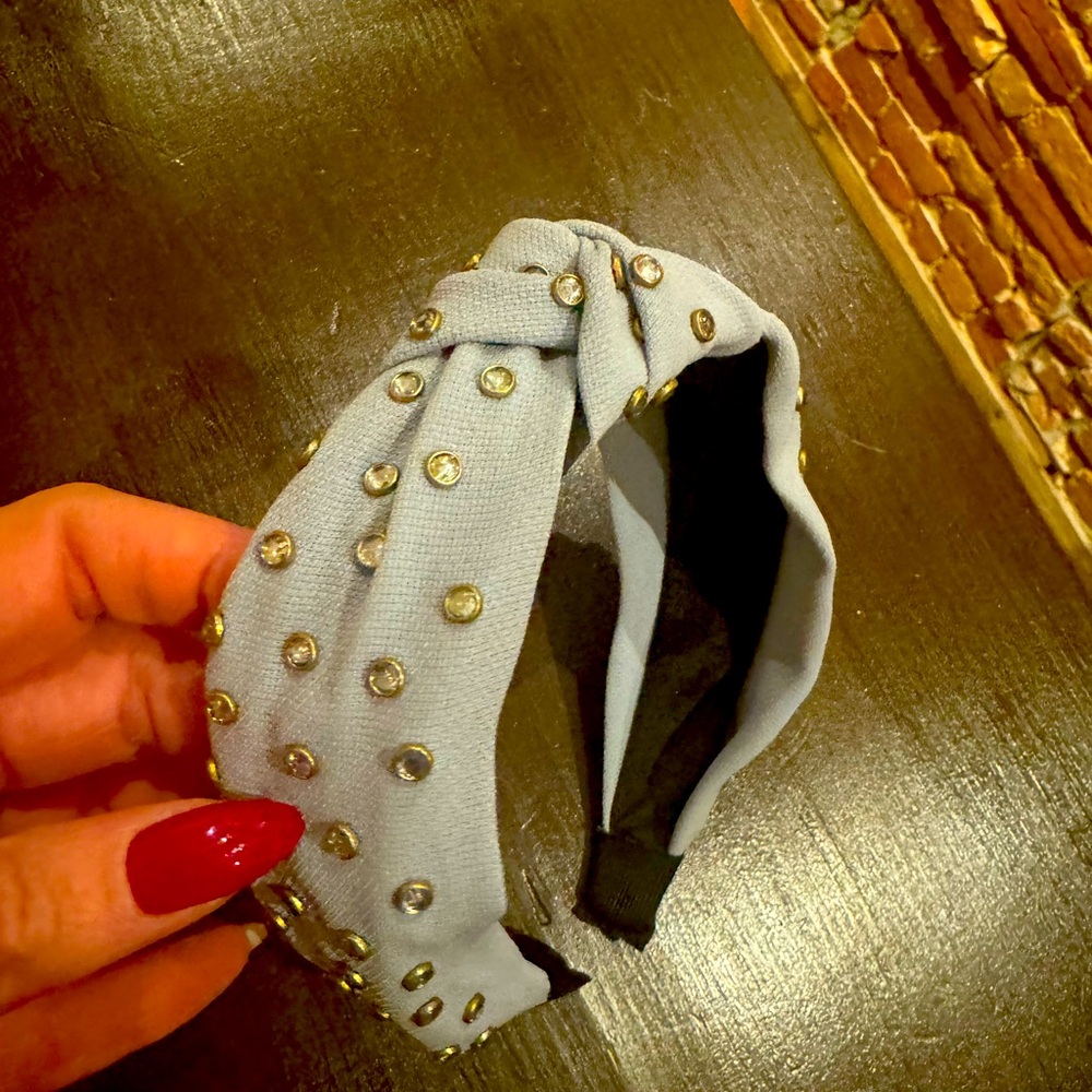 Soft blue knot head band with rhinestones